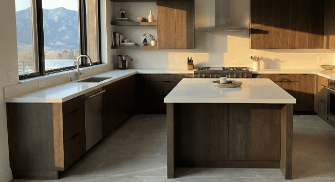 Modern kitchen featuring precisely fitted, seamless white pre-fabricated countertops