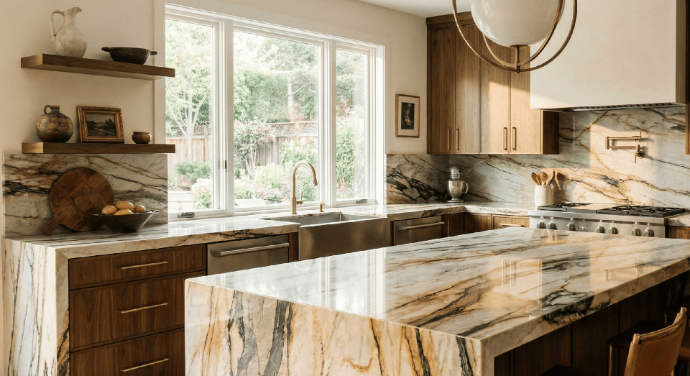 Natural stone countertop kitchen with dramatic veining at Nova Tile Fernley Nevada