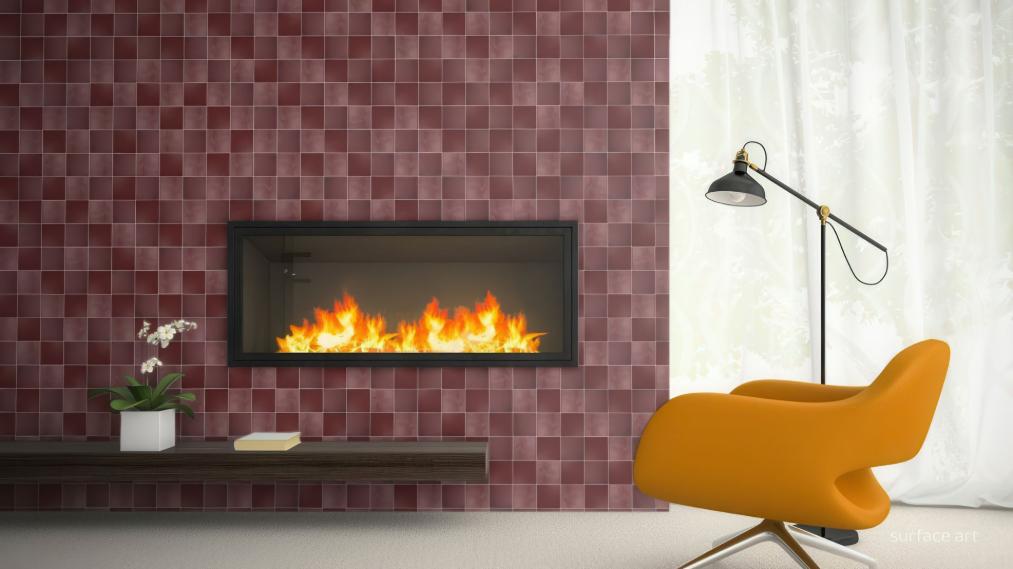 Modern fireplace wall with red square tiles