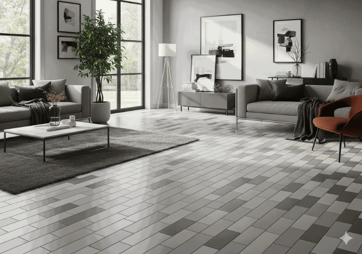 Modern living room with a mix of matte and glossy gray subway tiles on the floor
