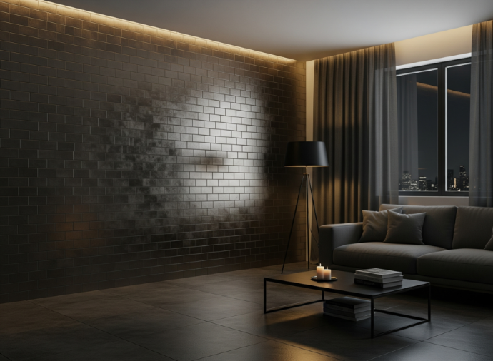 Dark charcoal subway tile accent wall with warm cove lighting in a moody contemporary living room