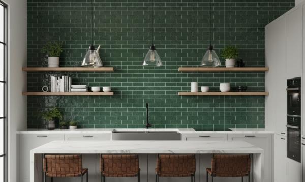 Open Kitchen Green Subway Tiles
