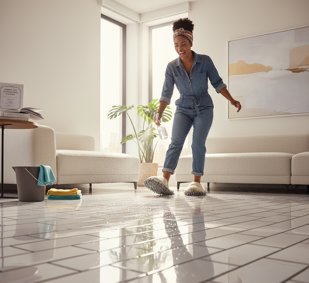 A spotless subway tile floor reflecting natural light