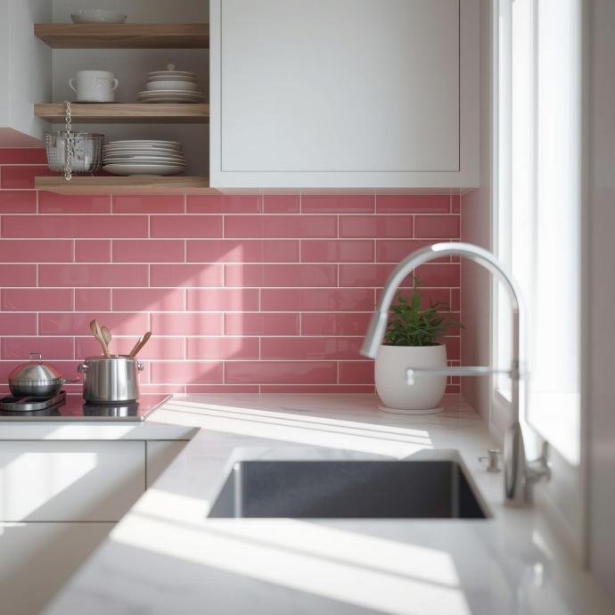 A bright kitchen backsplash featuring glossy 3x6 pink subway tiles