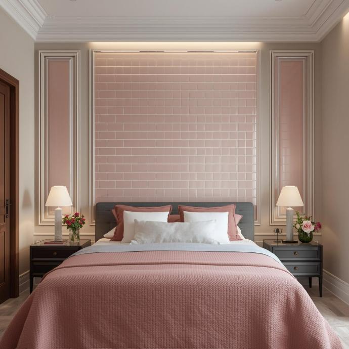 A bedroom accent wall featuring 3x6 pink subway tiles installed behind a grey upholstered bed.