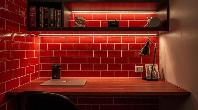interior design of office room with 3x6 red subway tiles