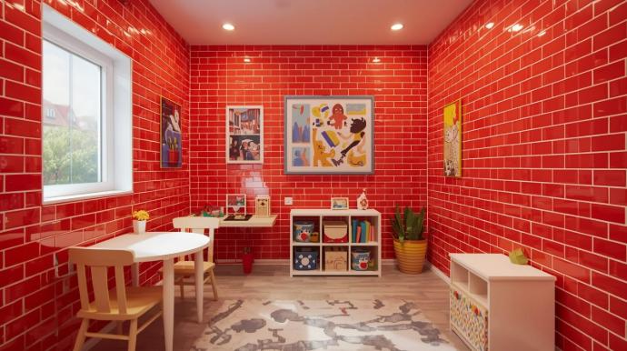 interior design of play room with 3x6 red subway tiles