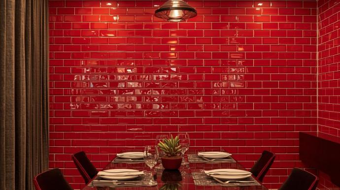 interior design of dining room with 3x6 red subway tiles