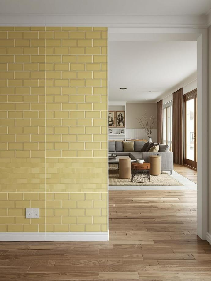 living room with 3x6 yellow subway tiles