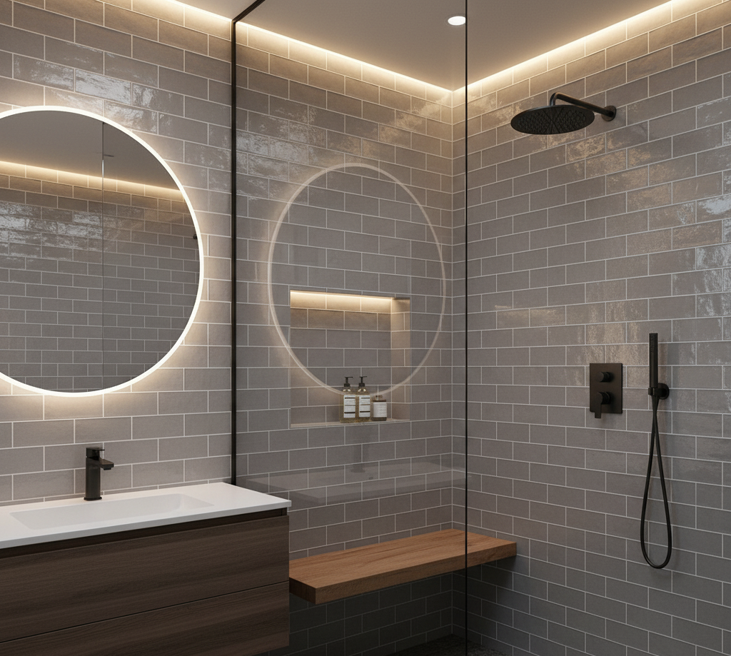 Modern bathroom with light grey subway tile walls, backlit mirrors, and black fixtures