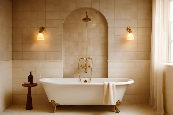 Modern bathroom featuring zellige tile shower surround with irregular artisan finish