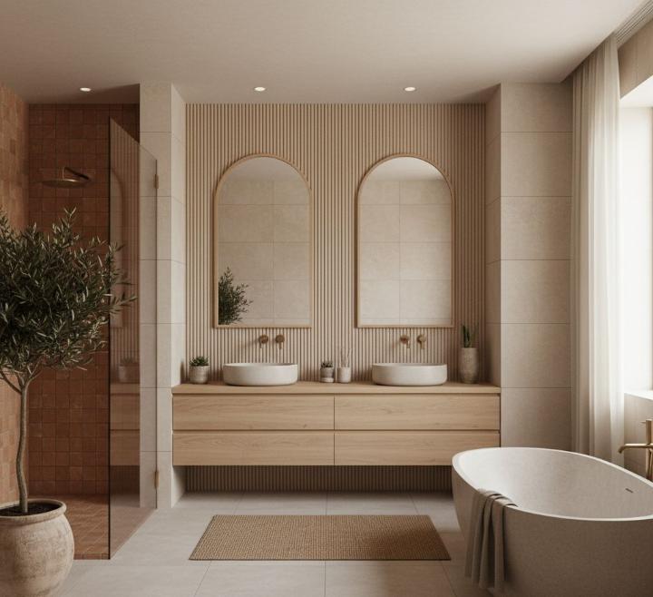 Earthy Neural Color Subway Tiles Bathroom