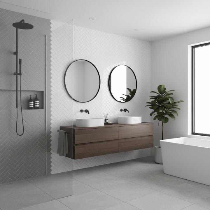 Herringbone and Chevron Subway Tiles Combination Bathroom