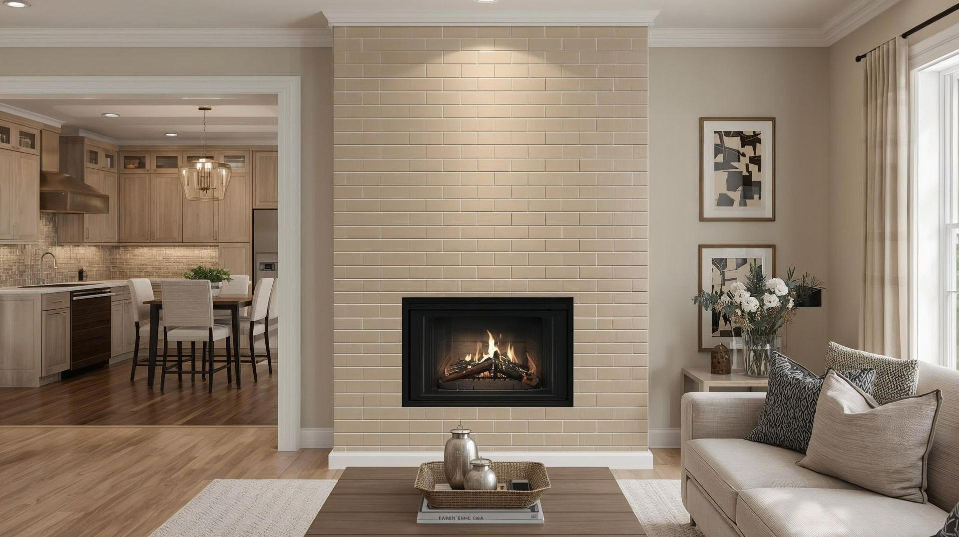 living area with beige of subway tiles for accent walls