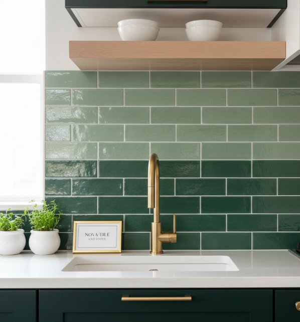 Modern kitchen with emerald green subway tile backsplash