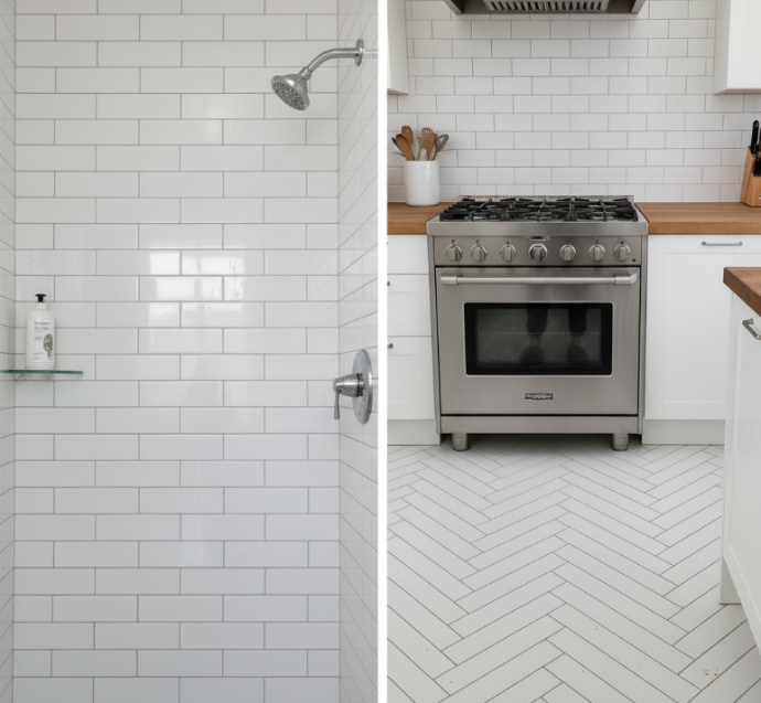 Contemporary bathroom and kitchen featuring 4x8 white white porcelain subway tiles in stack and herringbone layout