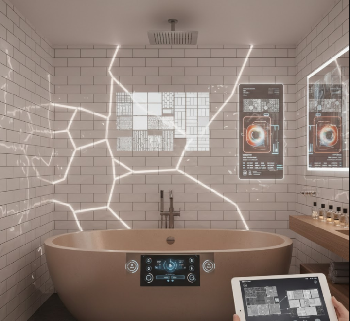 AI-powered modern bathroom featuring classic white subway tiles