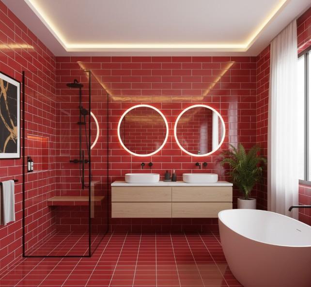 red polished subway tiles