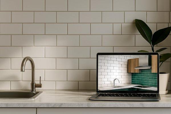 AI tile visualization tool on laptop beside sink and plant, demonstrating subway tile design options for kitchen renovations