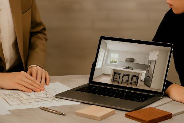 Interior design consultation scene with blueprints, material samples, and a laptop displaying a 3D-rendered kitchen, highlighting AI-assisted design services