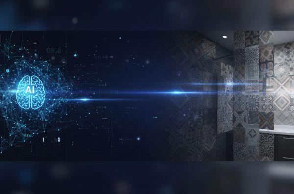 A visual representation of artificial intelligence, featuring a glowing blue brain icon connected by digital lines, adjacent to a modern room with intricate, decorative wall tiles, suggesting AI in design