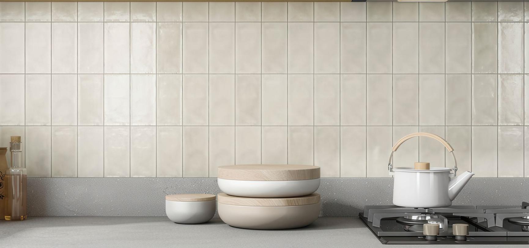 Vertical stack ceramic subway tile featured kitchen