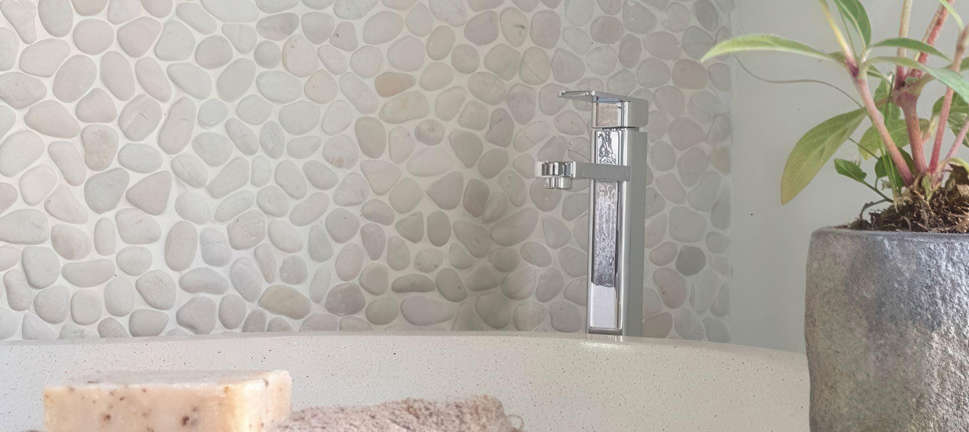 Natural stone subway tile kitchen sink