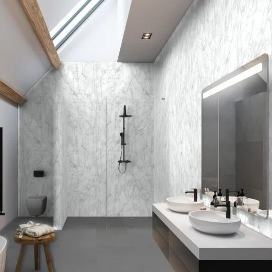 Walk-in shower designed with glossy grey subway tile in a marble finish