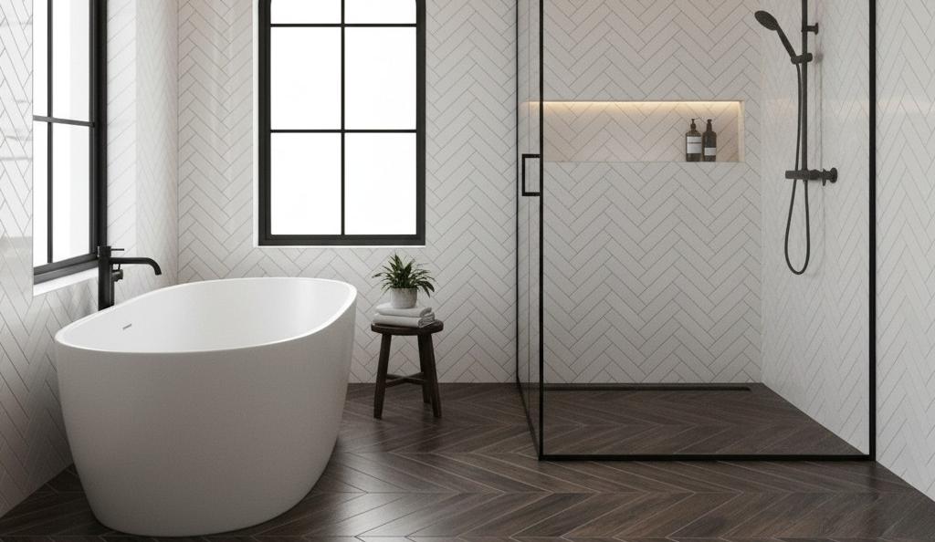 Herringbone inspired bathroom showcasing bathtub and shower