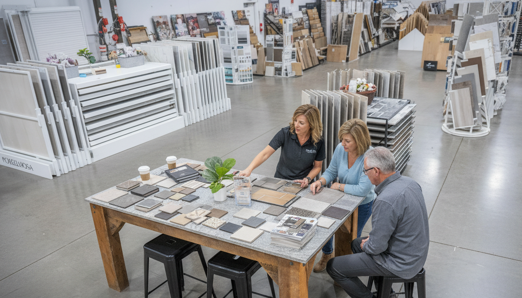 A design consultant collaborates with a couple at a display table in a spacious, well-illuminated tile gallery