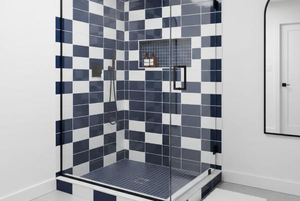 Navy and white checkerboard subway tile in contemporary bathroom shower