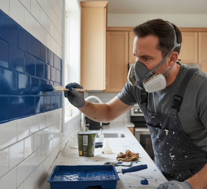 man painting a section of white subway tile