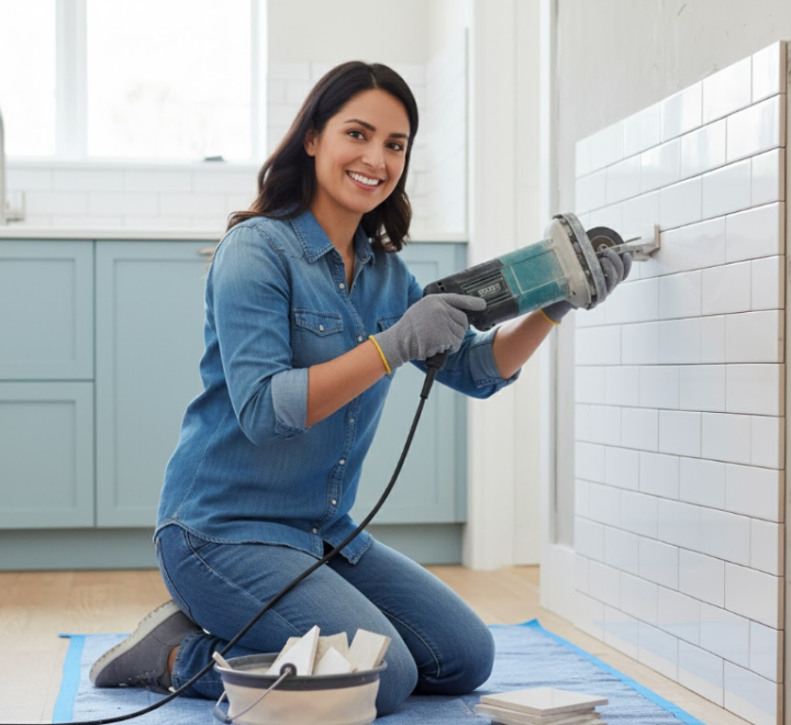clean white subway tile being installed
