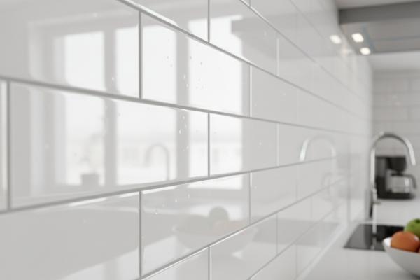White glazed subway tiles installed in modern kitchen backsplash showing reflective surface finish
