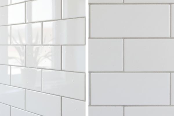 Side-by-side comparison of glazed glossy and unglazed matte subway tiles demonstrating surface differences