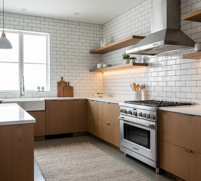 Bright modern kitchen with white subway tile backsplash, natural wood cabinets, floating shelves, and stainless steel appliances.