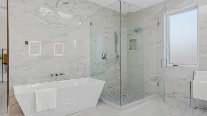 luxe calacatta shower subway tiles