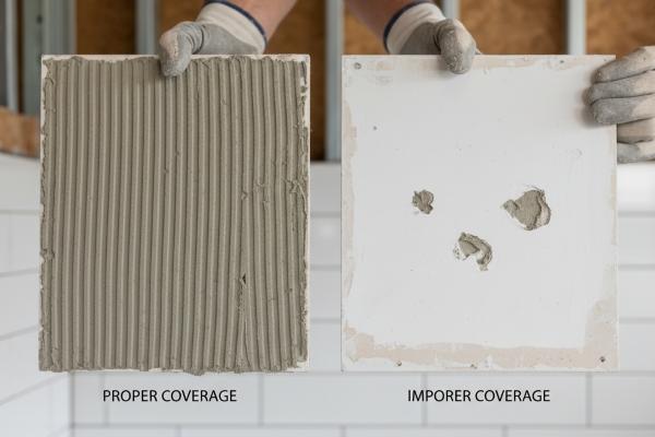 Comparison showing proper versus improper thinset coverage on back of porcelain subway tile after installation