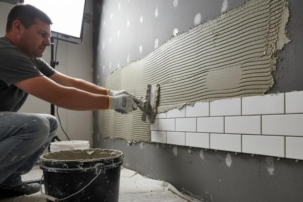 Professional installer applying modified thinset to cement board substrate with notched trowel for subway tile installation