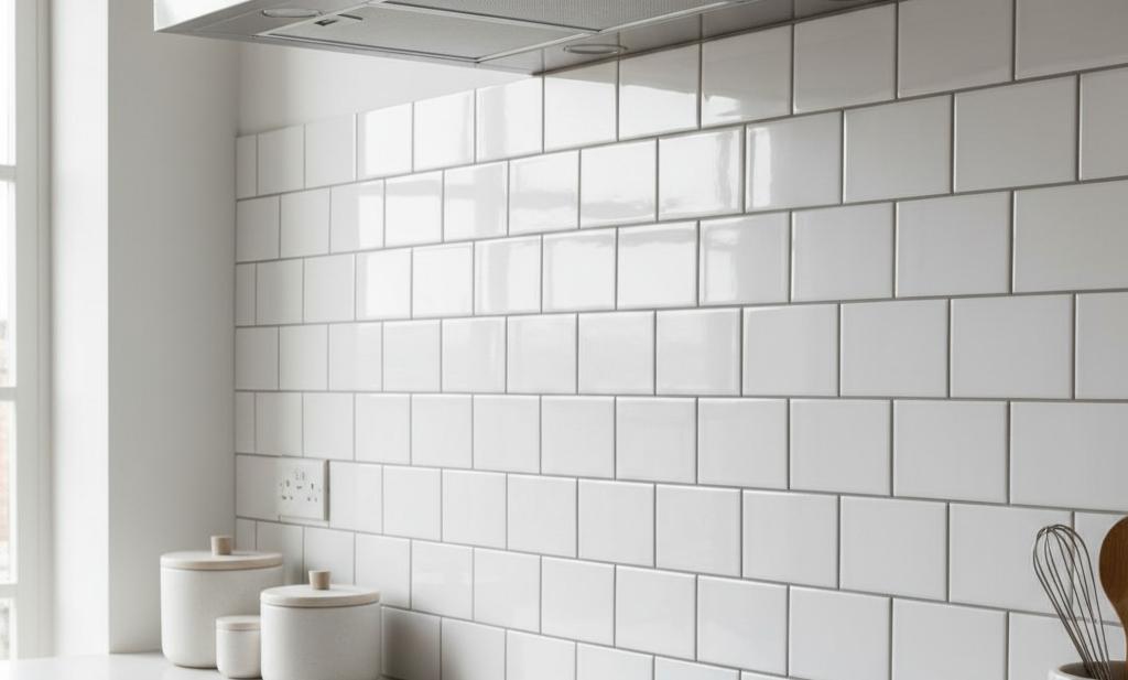 Beveled edge white subway tiles installed in kitchen backsplash showing dimensional shadow lines and depth