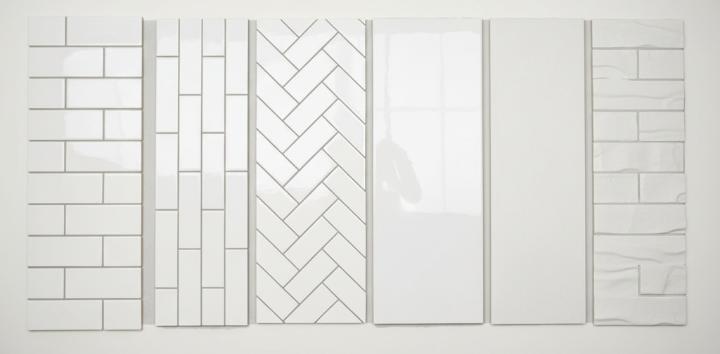 A side-by-side gallery of six white rectangular tile installations
