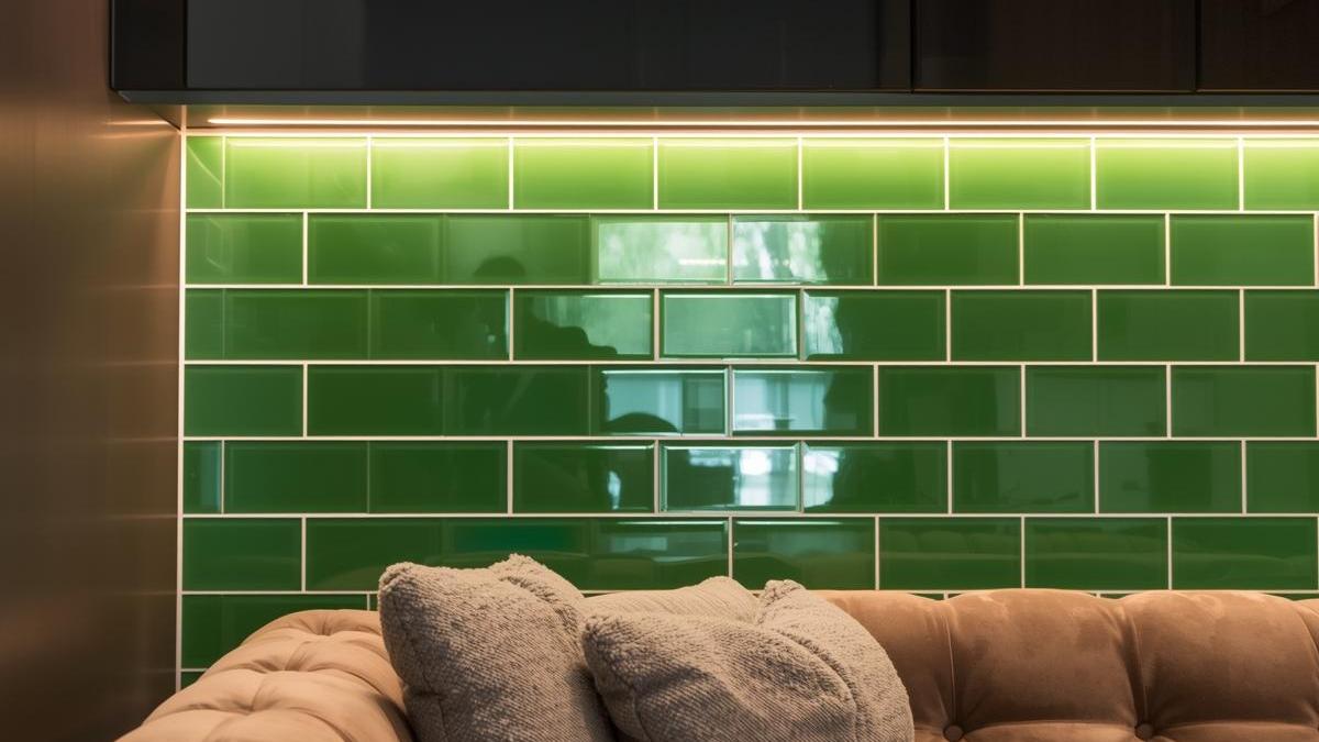 sofa with the wall of Green Porcelain Subway Tiles
