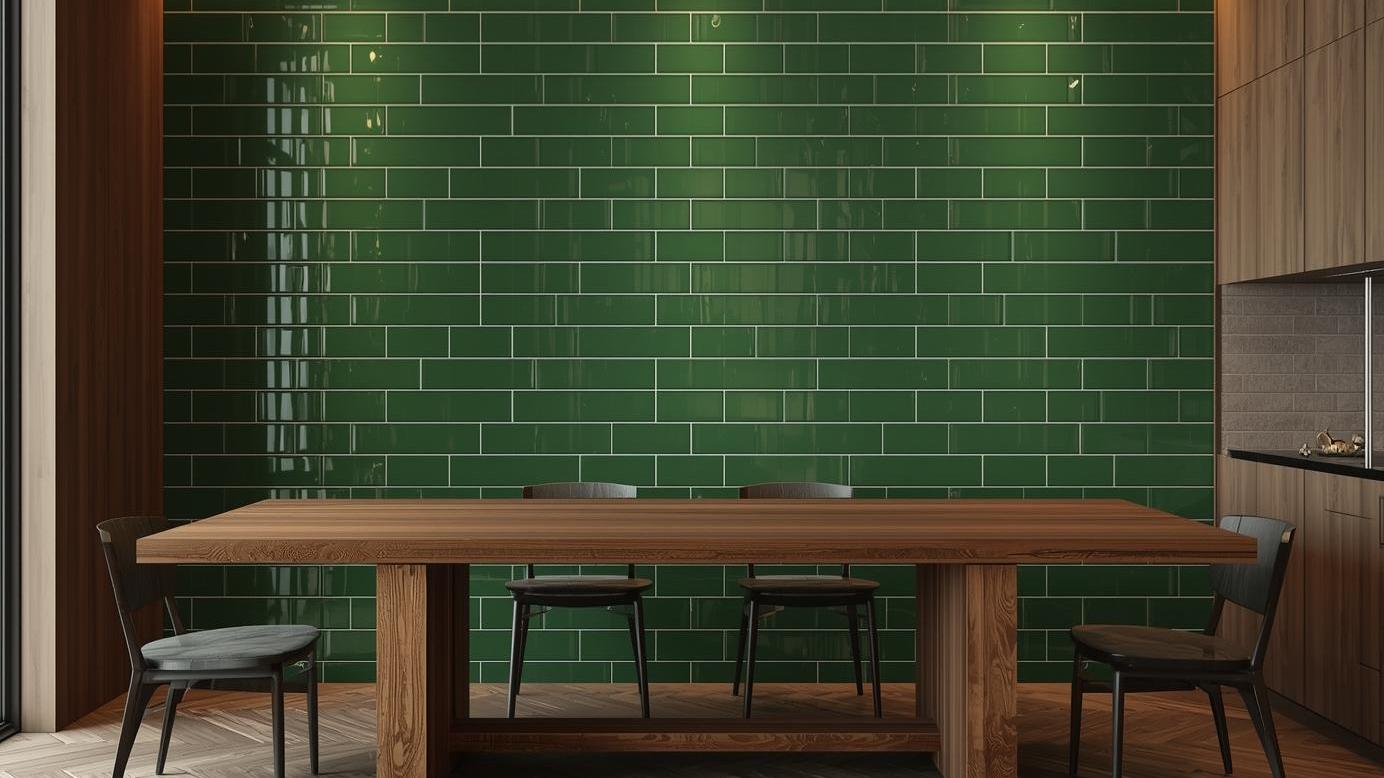 dining area with walls of Green Porcelain Subway Tiles