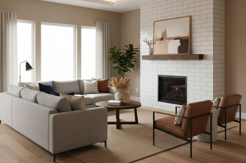 Modern living room with white subway tile fireplace wall and neutral furniture
