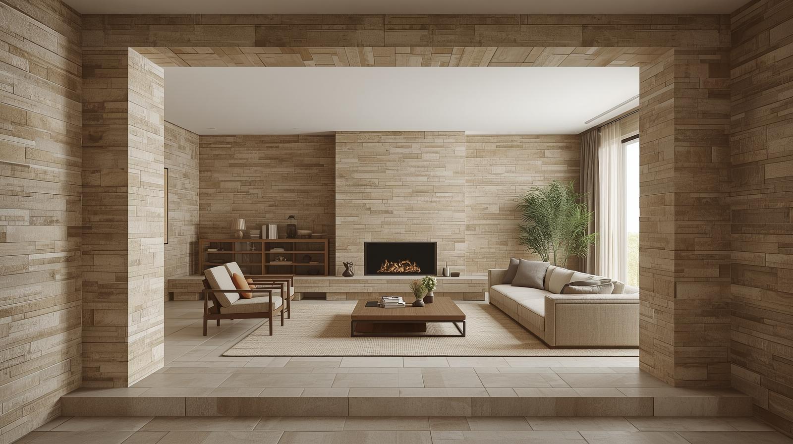 Minimalist living room featuring natural wood-toned subway tile walls with built-in fireplace