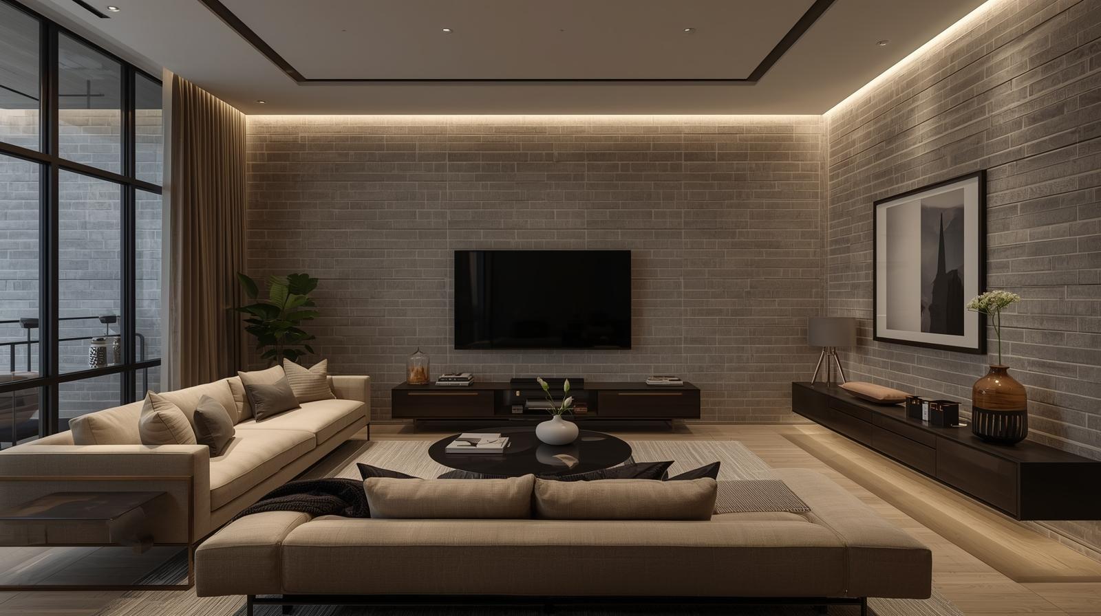 Contemporary living room with taupe subway tile accent wall and ambient LED lighting