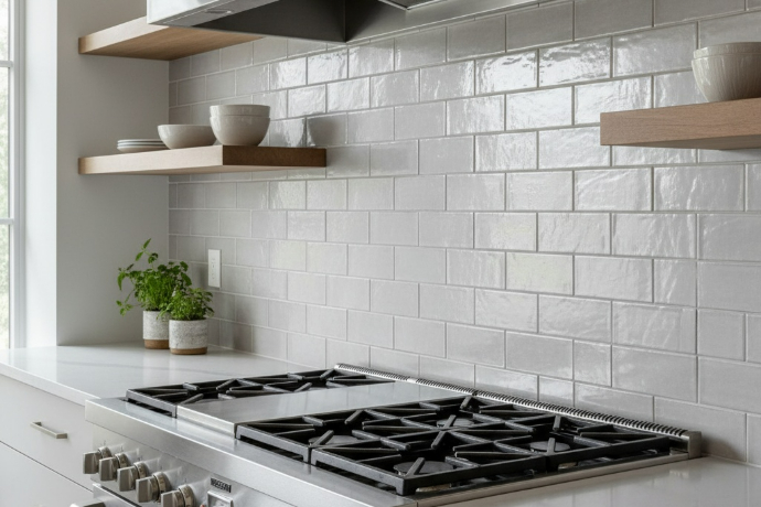 White subway tile backsplash with gas cooktop, floating wood shelves, and potted herbs in modern kitchen