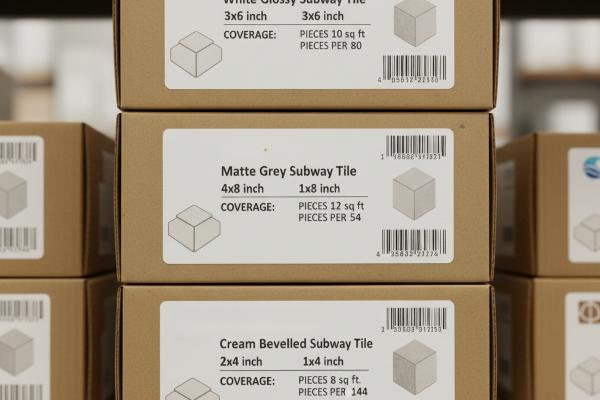 Comparison of subway tile box labels showing square footage coverage and pieces per box
