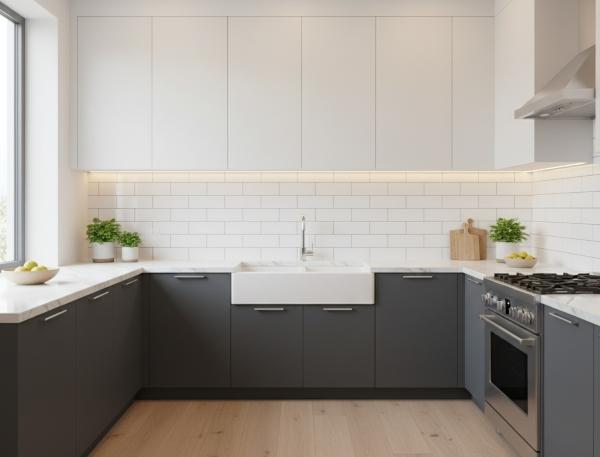 White subway tile backsplash paired with dark grey cabinets and white marble countertops in modern kitchen