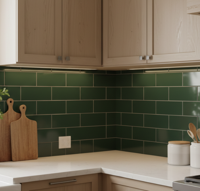 Sage green subway tile backsplash with white farmhouse sink and open shelving